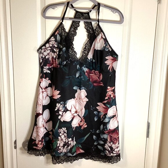 La Vie en Rose Womens Black Floral Satin Blend Lingerie Chemise XXL Babydoll - Picture 1 of 9